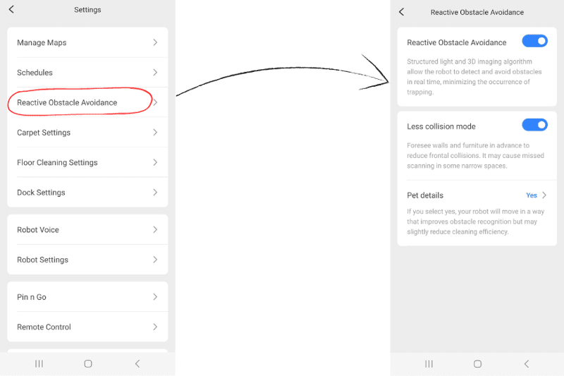 Обнаружение препятствий настроено в приложении Roborock S8 Pro Ultra.